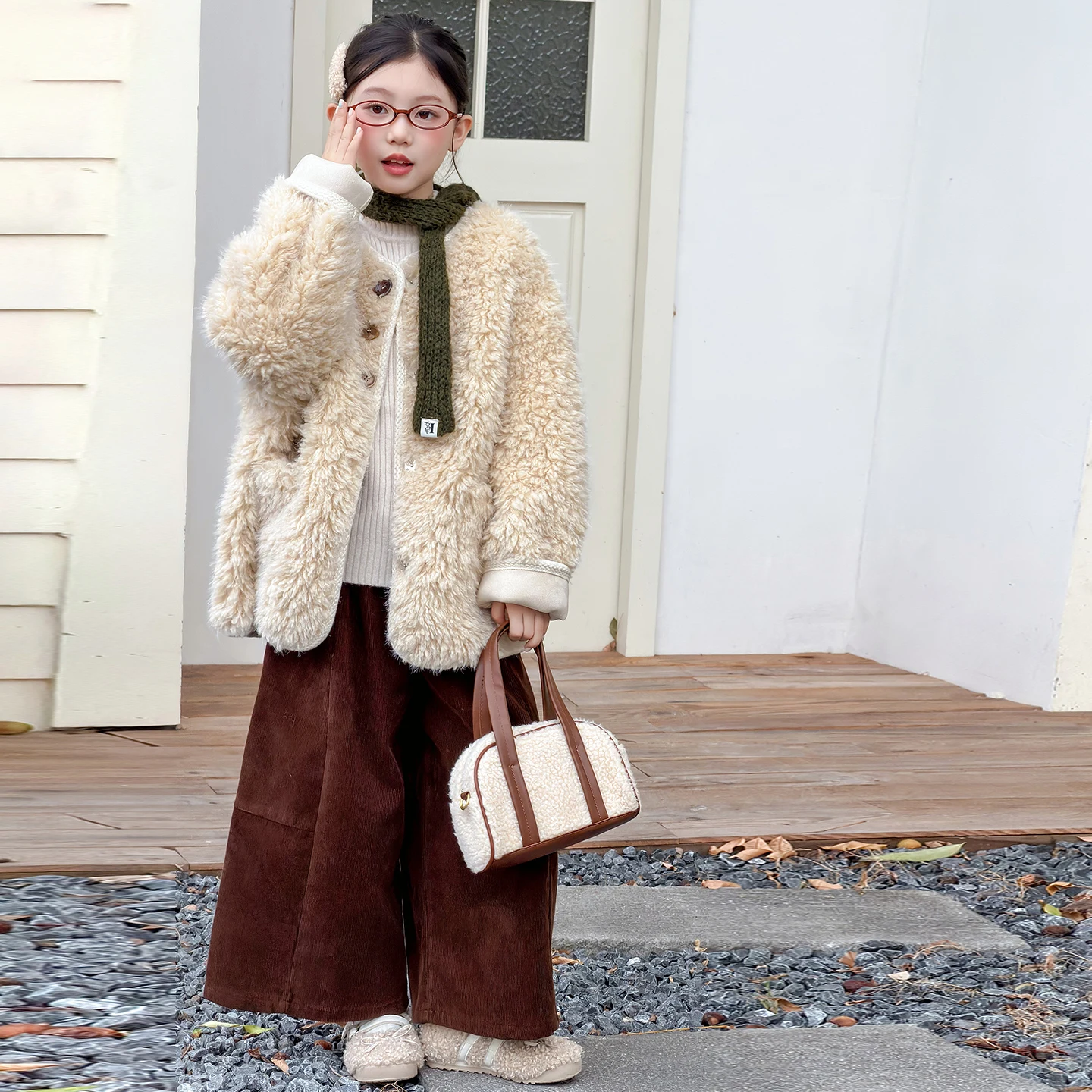 خمر مزيج الصوف معطف طويل الكورية القرن مشبك صوف الضأن معطف فتاة الشتاء زائد الصوف سميكة الفراء معطف واحد معطف فروي سن 4-14y