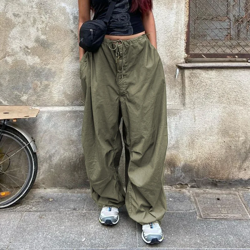 QWEEK Techwear Sweatpants Women Baggy Hip Hop Parachute Cargo Pants Y2k Low Waist Streetwear Casual Loose Wide Leg Joggers Pants