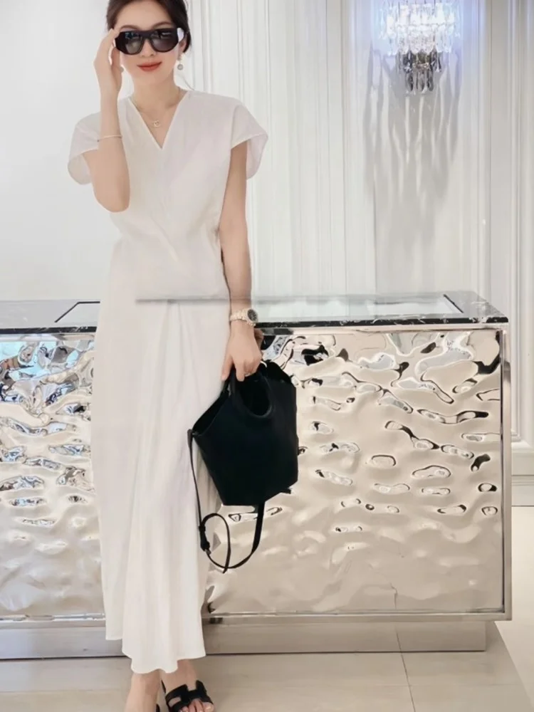 

Summer Women's Linen Dr Slimming V-Ne Waist-Cinched Pleated Ele Long Dr 3/4 Sve High Waist A-Line Skirt