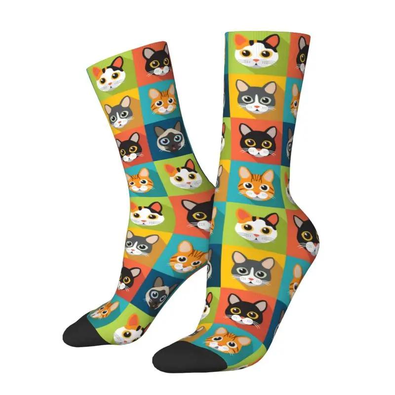 Custom Funny Cute Cats Heads  Pattern Dress Socks Men's Women's Warm Fashion Novelty Crew Socks