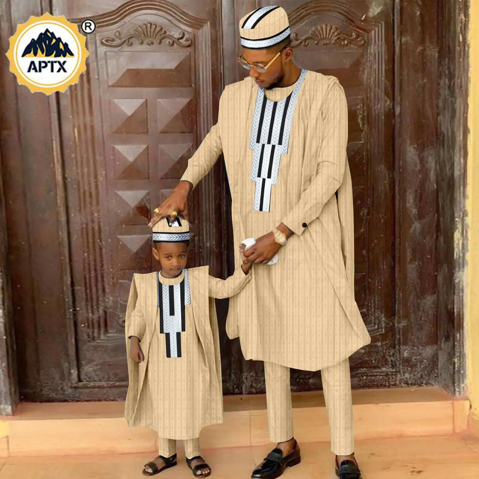 African Matching Outfit for Family Bazin Riche Muslim Sets Dashiki Father and Son Attire Agbada Robe Shirt and Pants Hat Y23F001