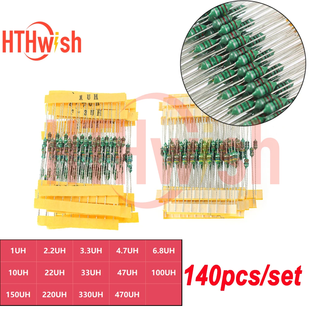 140PCS/set 1UH~470UH 1/4W Color Ring Inductor Kit 14 Values 0307 Inductance Set 1UH 2.2UH 3.3UH 4.7UH 6.8UH 10UH 22UH 33UH 47UH