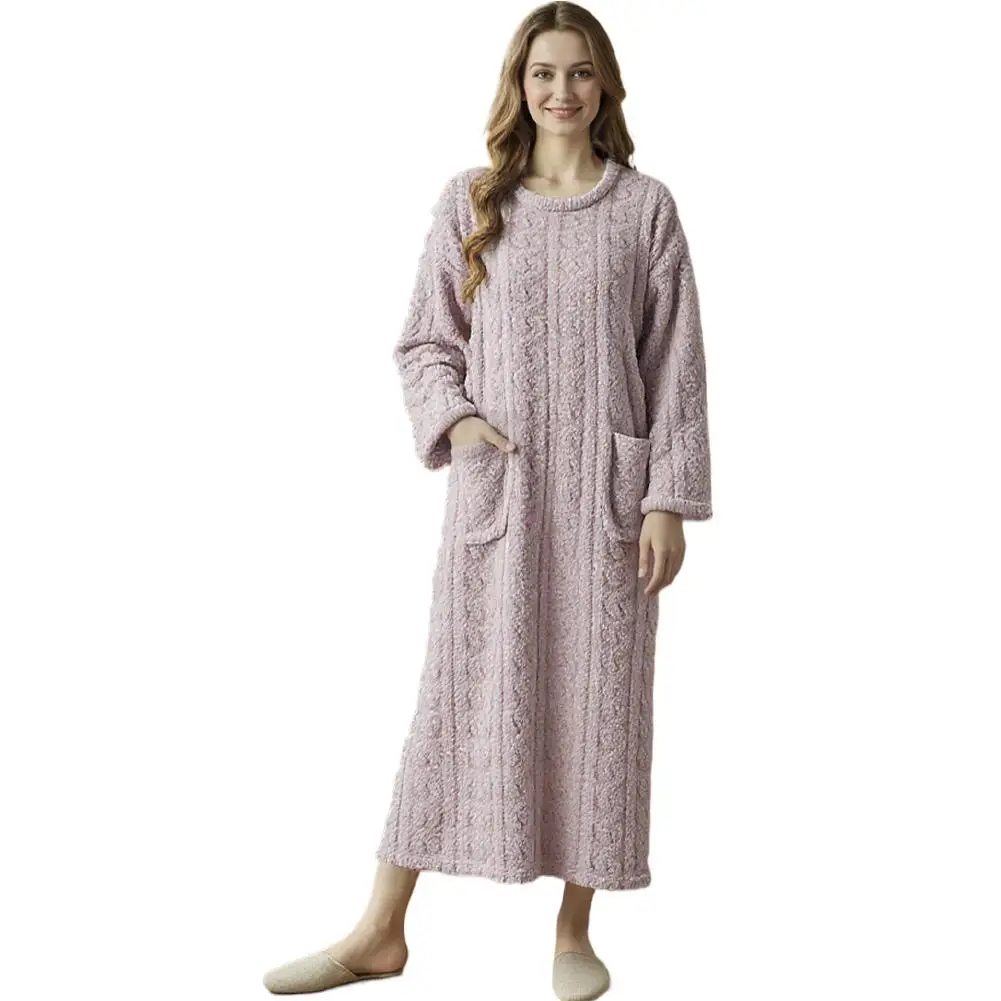 Coral Velvet Women's Nightgown Autumn And Winter Long Sleeve Double Pocket Flannel Nightgowns Women Loose Solid Sleepwear
