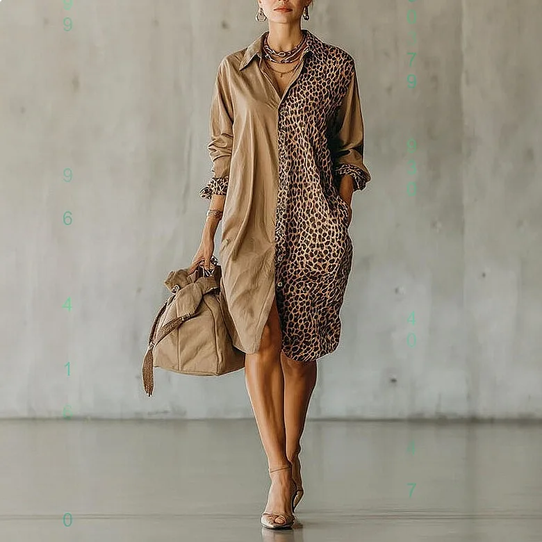 

Long Leopard Print Shirt Dress Women Casual Loose Blouse Top Dresses Spring Summer Matching Set