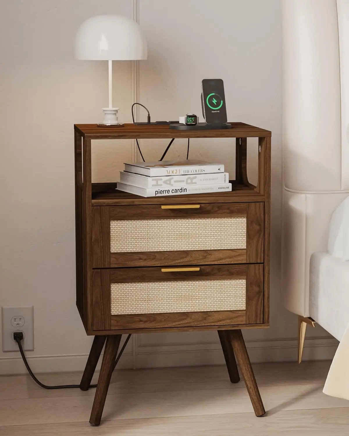 

Rattan Nightstand with Charging Station,Farmhouse Bedside Table with 2 Storage Drawer and Open Wood Shelf, for Bedroom and Sm