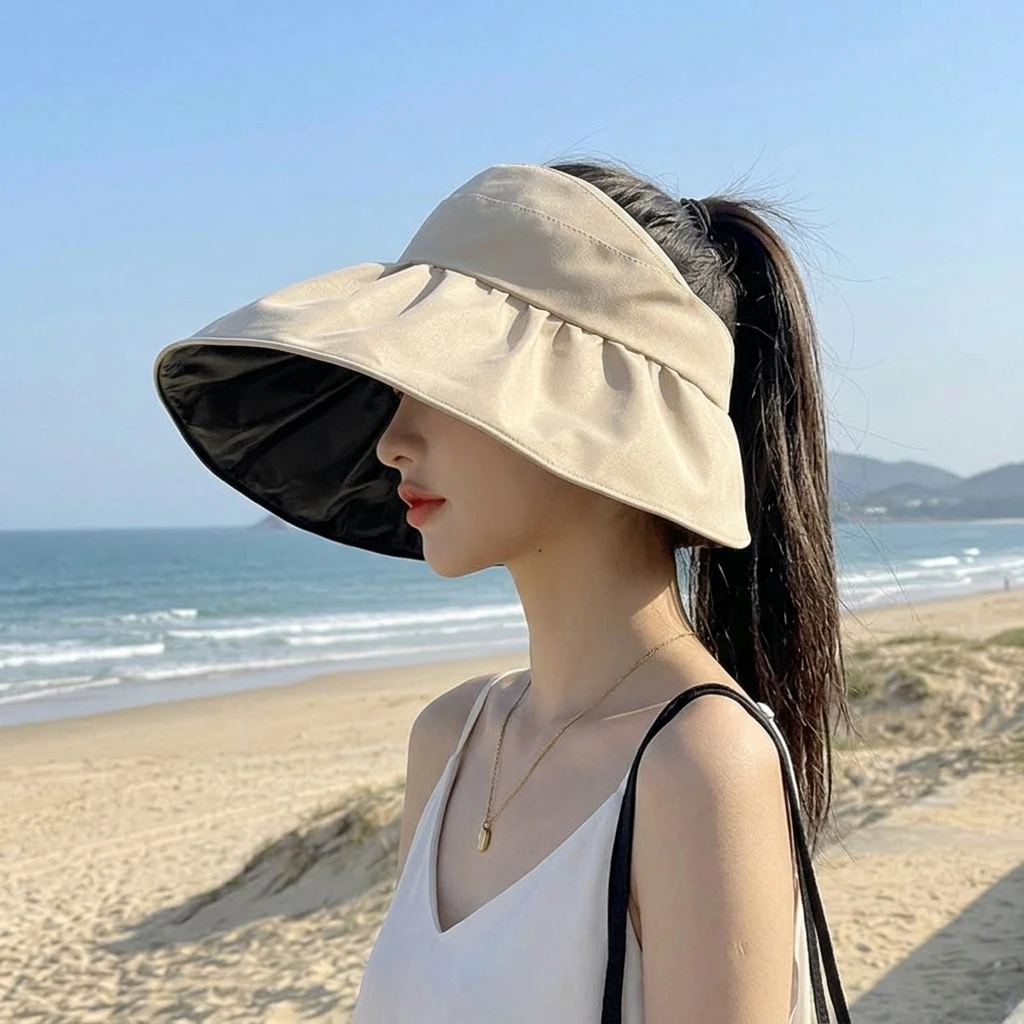 Women Sunhat 15cm Wide Brim UV Protection Black Glue Hollow Top Foldable Sun Hat for Beach Hiking Outdoor Activities view 3