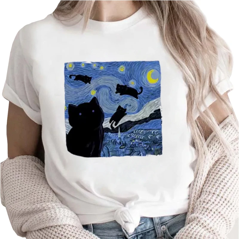 Starry Night Cat Oversized T-Shirt, Van Gogh Style Cat Artist Cat Mom, Vincent Cat Van Gogh T-Shirt, Irls,Vintage T-Shirt,Unisex