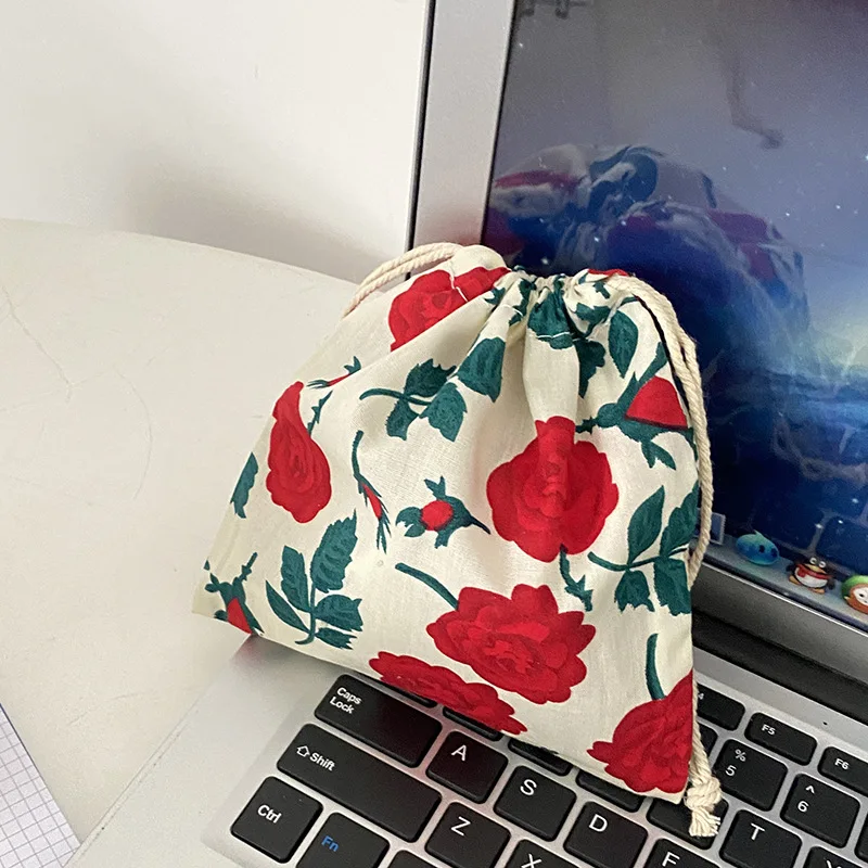 

Vintage Flower Women's Mini Cosmetic Bag Simple Solid Color Ladies Storage Bags Casual Female Drawstring Pocket Purse Handbags