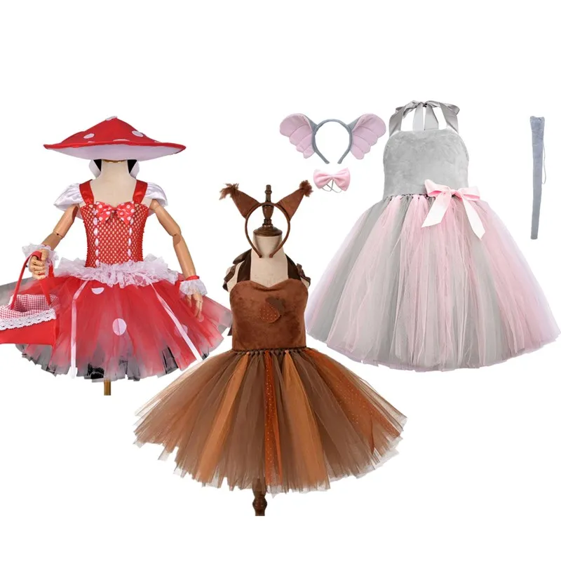 Kids Girls Squirrel Dress Cosplay Costume Cartoon Elephant Mushroom Fantasia Tutu Skirt Headband Halloween Carnival Party Suit