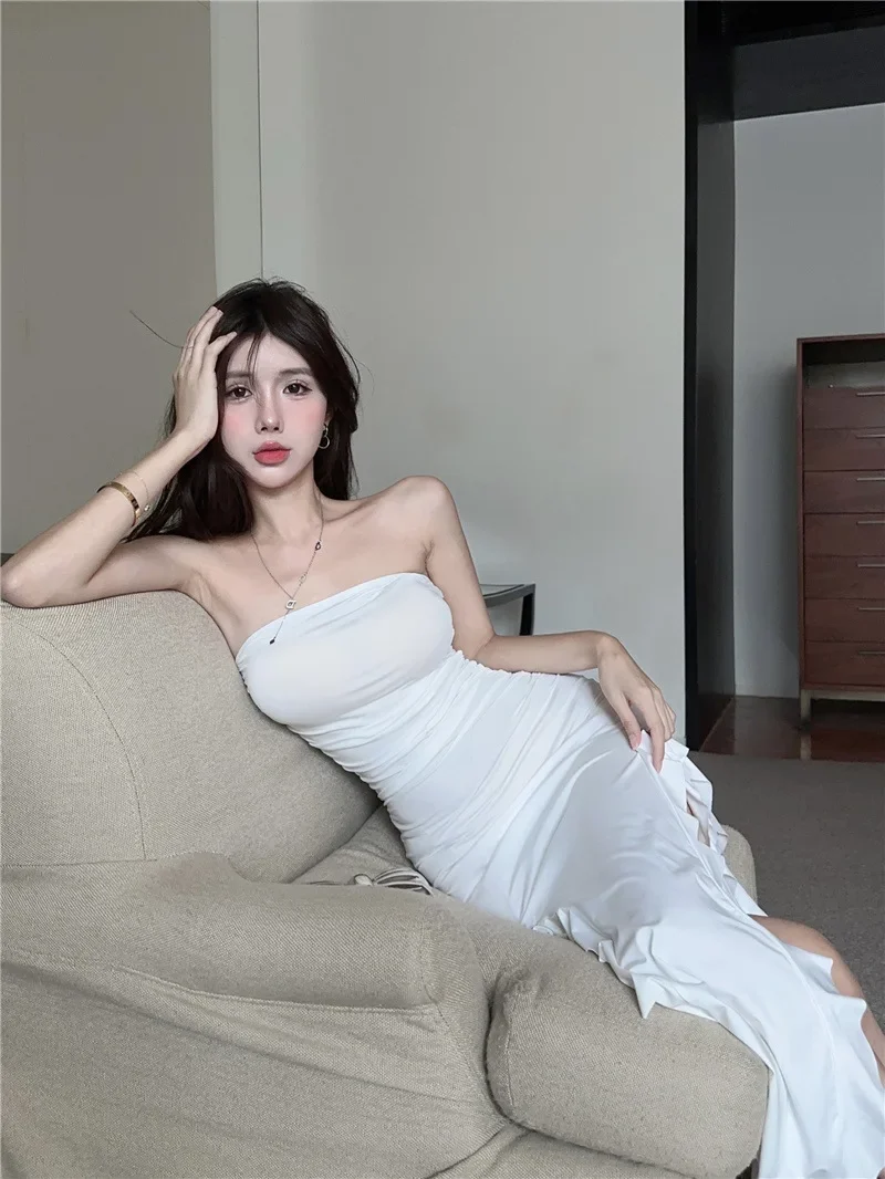 

White Robe Long Dress Summer Sexy Off Shoulder Slim Wrapped Chest Split Mid Length Dress Korean Fashion Elegant Women Dresses