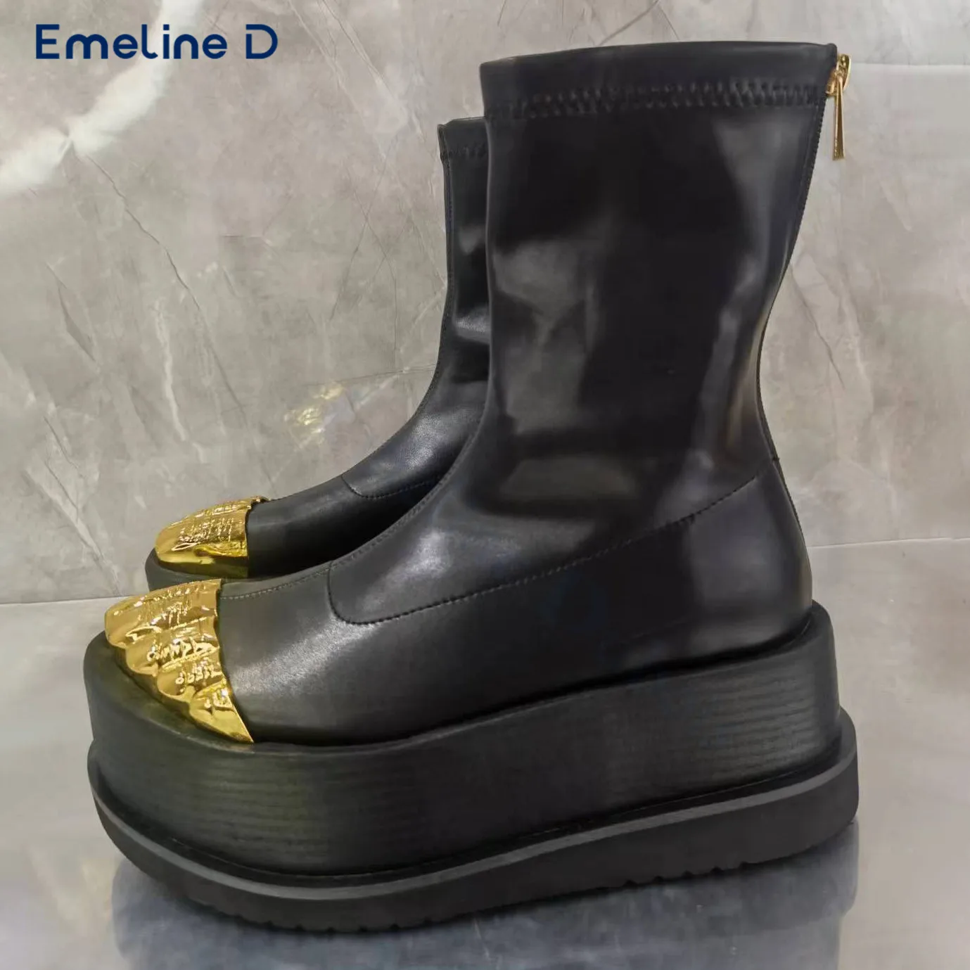 

Gold Toe Thick Sole Leather Boots Pull On Back Zipper Simple Black Leather Boots Fashion Casual Temperament Women's Boots