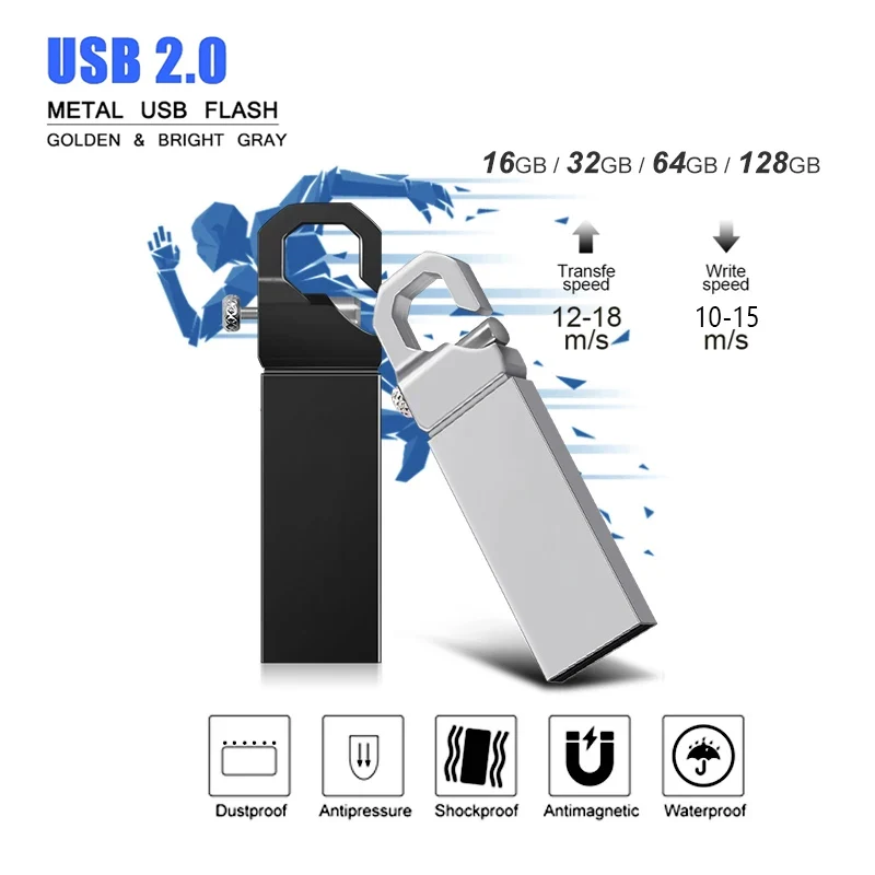 High Speed Metal USB Flash Drive, Memory Stick, Dispositivo de Armazenamento para PC, 2.0, 4GB, 8GB, 32GB, 64GB, 128GB