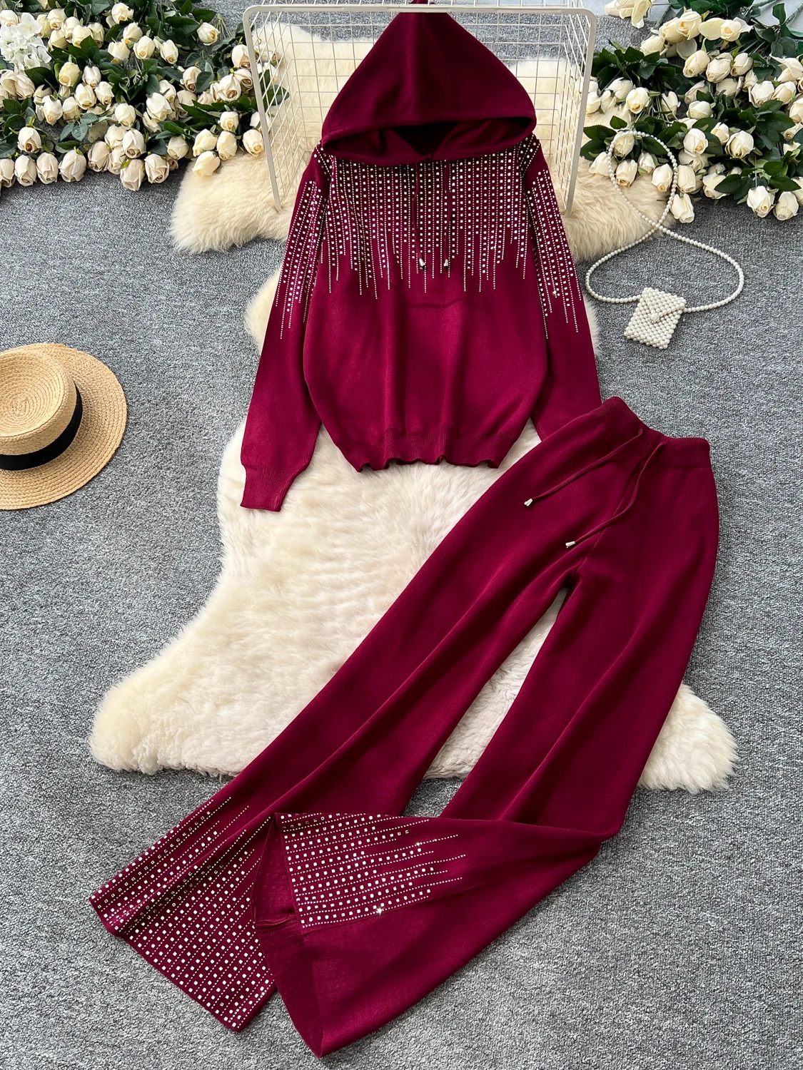 

Laid-ba Sle Women's Knitted Sweater Set High Waist Wide Leg Straight Pants Loose Fit Autumn Faion Casual Workwear