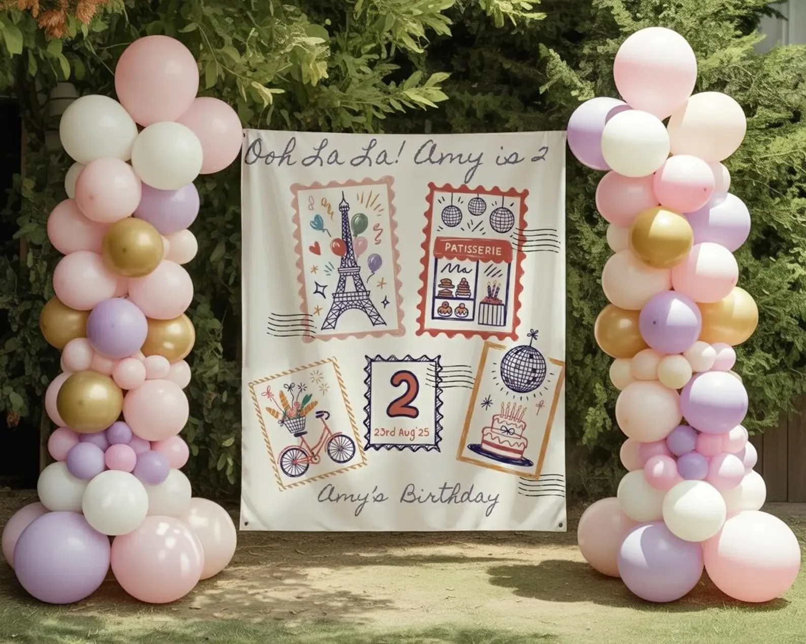 Personalized Ooh La La Paris 2nd Birthday Backdrop Custom Name Eiffel Tower Postcard Girl Party Photo Booth Wall Hanging Decor
