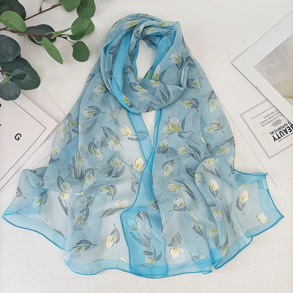 Magnolia Flower Print Women Elegant Chiffon Georgette Bandana Scarf Summer Beach Sunscreen Thin Hijab Headband Shawl