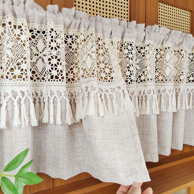 Bohemian Geometric Hollowed Crochet Splicing Fringed Lace Cafe Curtain For Kitchen Living Room Homestay Farmhouse Home Decor