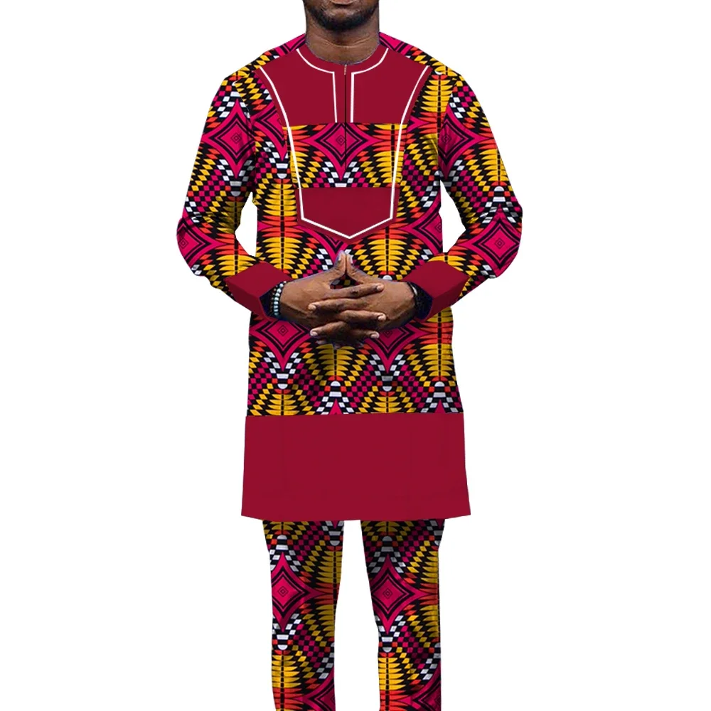 Hip Hop Robe African Men\'s Shirts and Pants Bazin Riche 2 Piece of Sets Africa Clothing Dashiki Outfits Floral Costume WYN1448