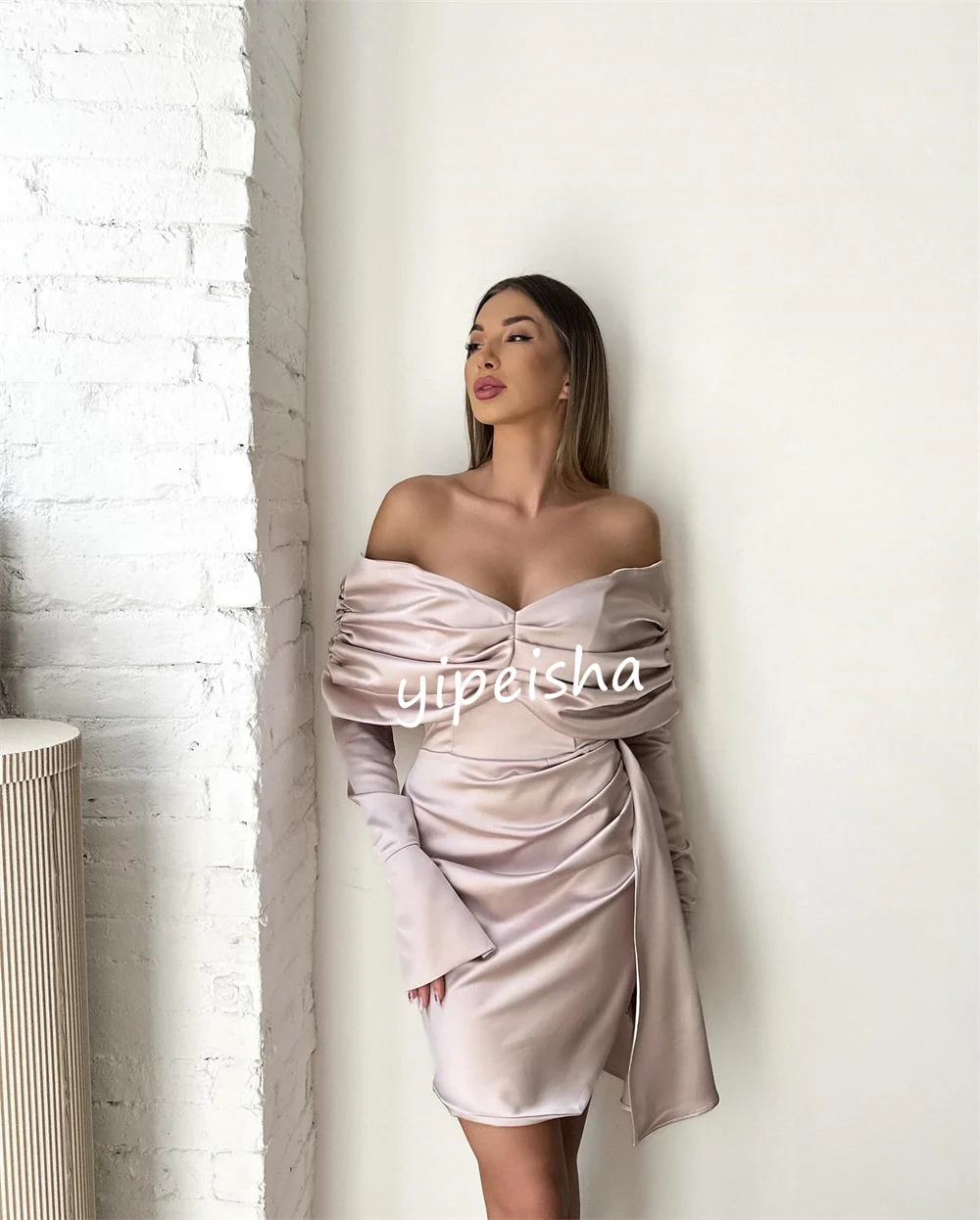 Customized Pastrol Draped Pleat Ruched Sheath Off-the-shoulder Short Dresses Cocktail Dresses Simple Retro Elegant Exquisite Hig