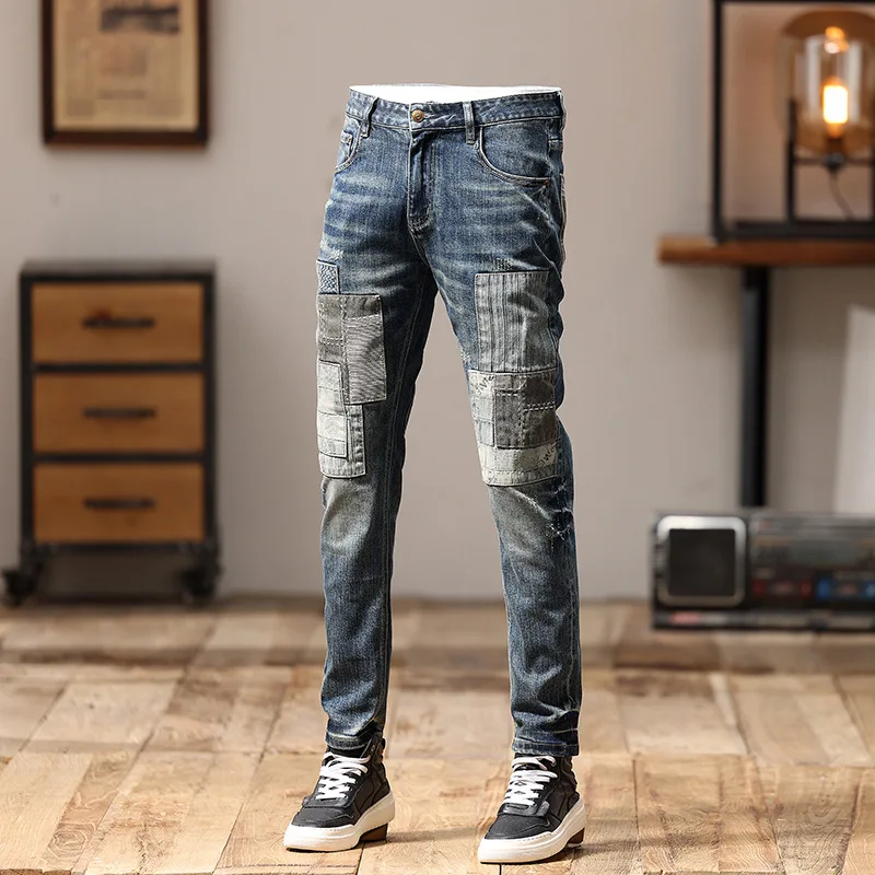 

2024New Jeans Men's Stitching Patchwork Slim Fit Small Straight-Leg Pants Machine Embroidery Pu Shuai Personality Trousers