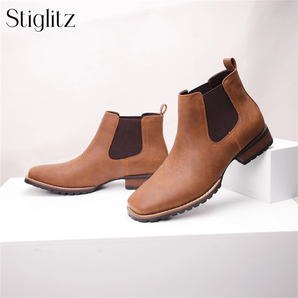 

Stitched Ankle Boots for Men Western Cowboy Style Booties Vintage Brown Matte Leather Elastic Strap Boots Comfortable Square Toe