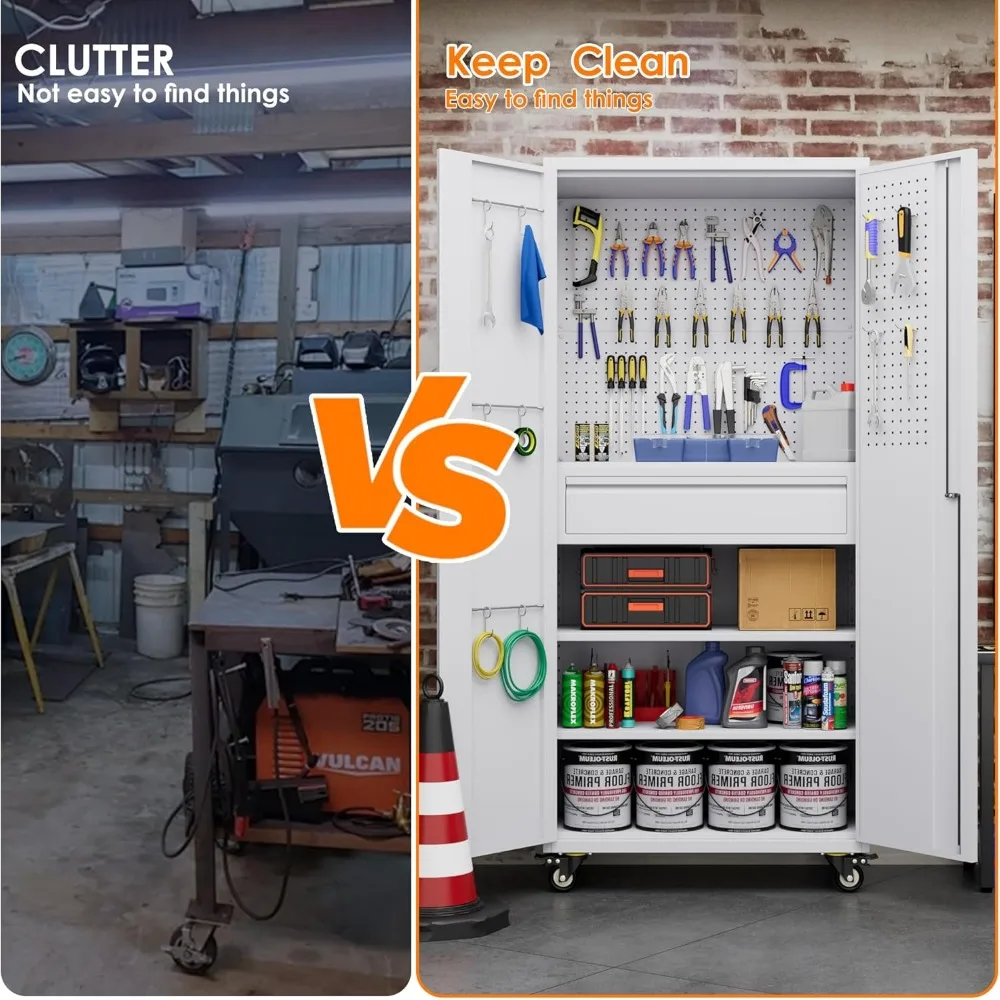 서랍, 후크, 조절 가능한 선반이 있는 롤링 스틸 메탈 수납 캐비닛, 공구 정리용