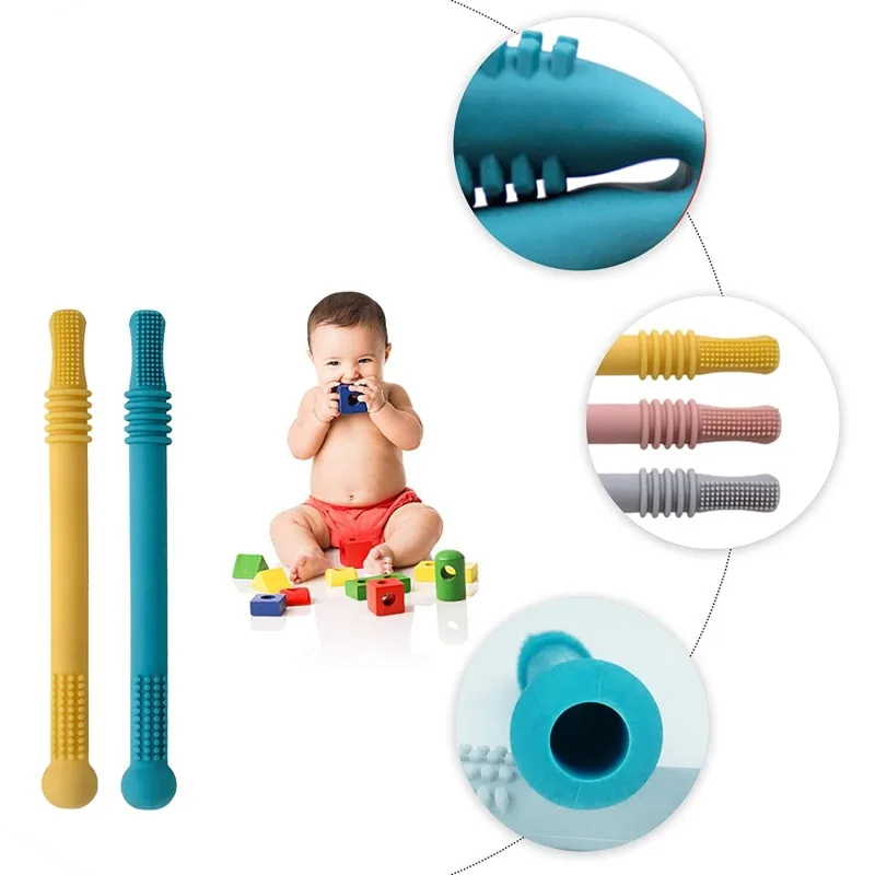 Long Tube Teether Toy Infants Baby Safety Teething Stick Food Grade Silicone Chewing Biting Toys Soft Chewy Molar Tube Bar