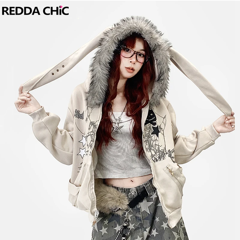 REDDACHiC Esthetische Zip Up Grafische Hoodies Jas Bunny Oor Fuzzy Capuchon Fleece Gevoerde Oversized Top Harajuku Y2k Vrouwen Kleding