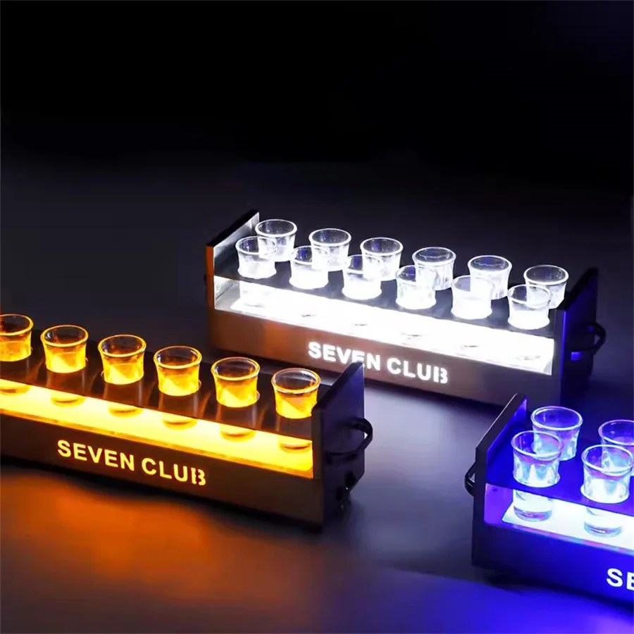 Rechargeable Stainless Steel Lighted 12 Glasses Rack Serving Holder Wine Glass Display Stand LED VIP Shot Glass Service Tray