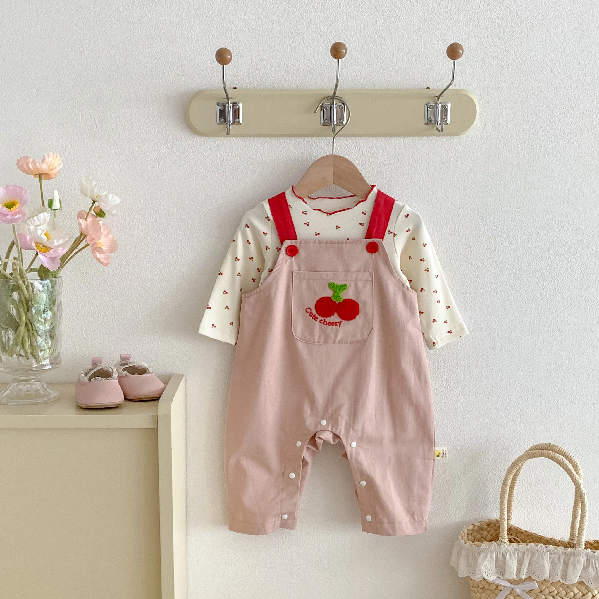 Spring and Autumn Girls' Set: Cherry-Printed Casual Top + Cute Shoulder Strap Climbing Suit