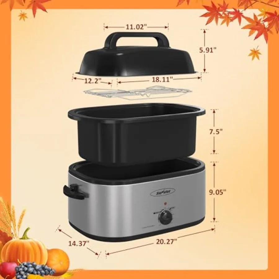 Electric Roaster Oven with Visible Self-Basting Lid, Turkey Roaster Oven with Removable Pan and Rack, Stainless Steel