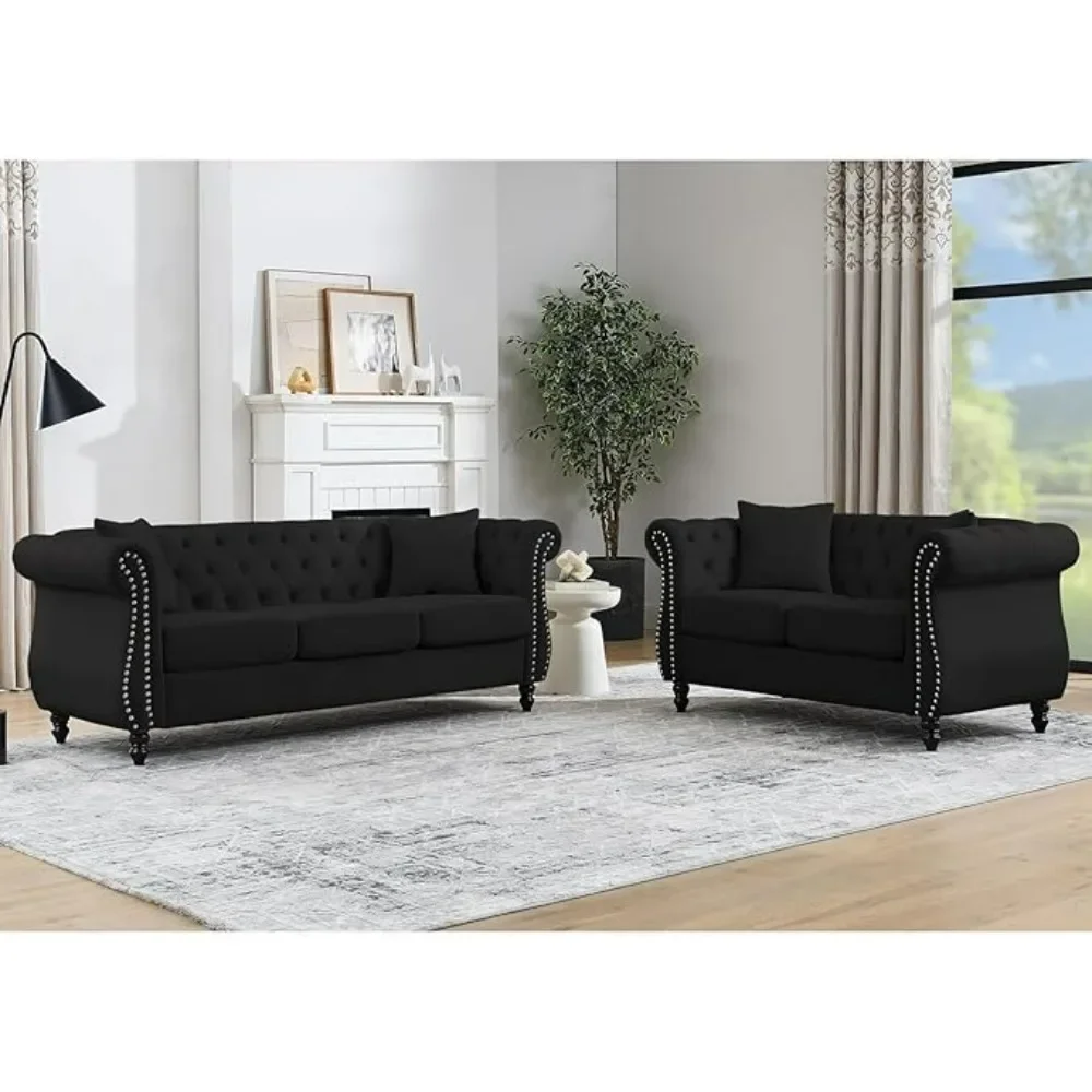 

2 Piece Chesterfield Velvet Combination Sofa,3-Seater and Loveseat Sofa Set Tufted Couch with 4 Pillows,Rolled Arms and Nailhead