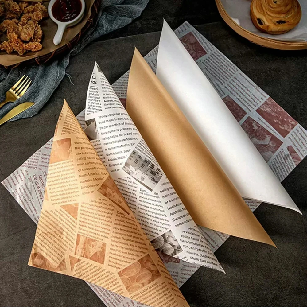 50pcs Printed Greaseproof Paper 22x22cm Food Wrapper Paper Bread Sandwich Burger Fries Wrapping Bread Oilpaper Baking Tools