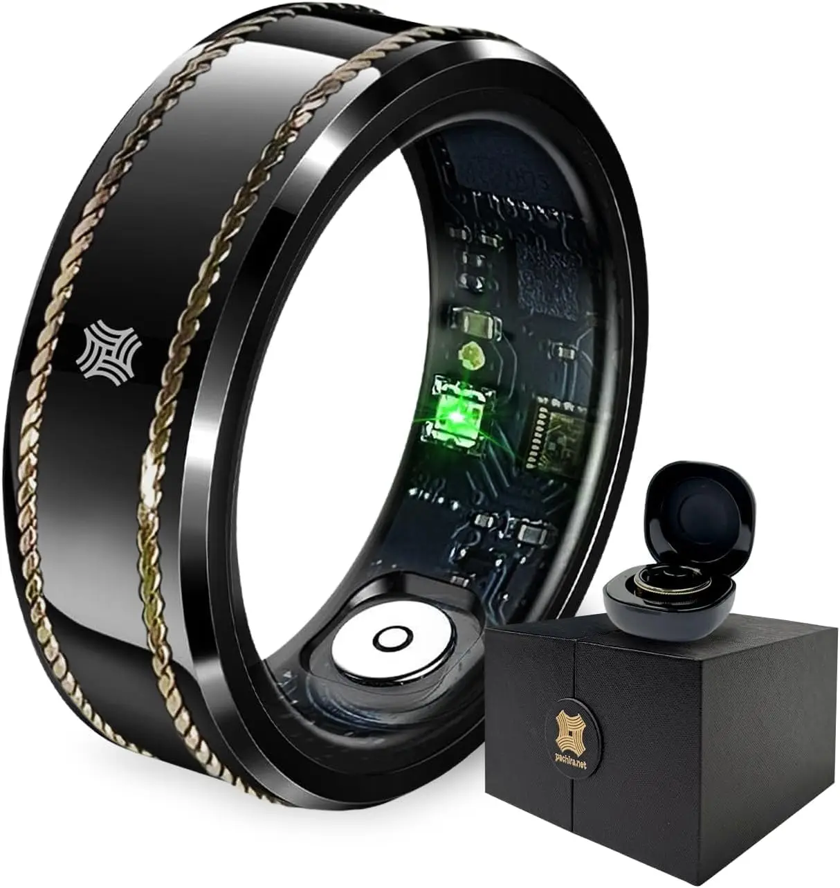 

Smart Ring Fitness Tracker, Heart Rate SpO2 Sleep Stress Monitor, 14K Gold Inlay, 7-Day Battery, Waterproof, No Subscription, Black US 10.25