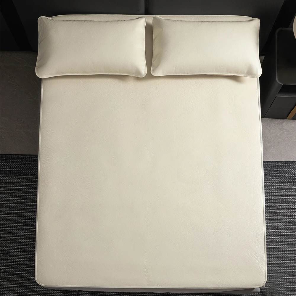 

Handcrafted Natural Buffalo Hide Mattress Topper, 4mm Thick Cowhide Mat with Leather Edging & Pillow Covers