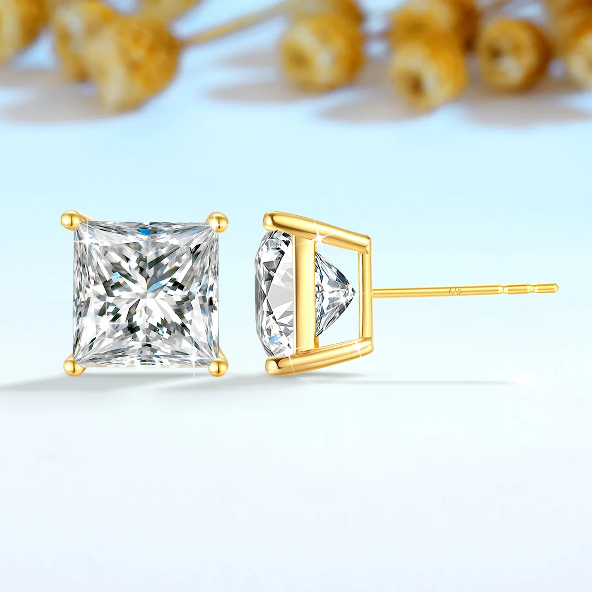 Szjinao 14k Gold Earrings Real Gold Princess Cut Moissanite Diamod 1ct 2ct 3ct  AU585 Jewelry For Women Wedding  Stud Earring