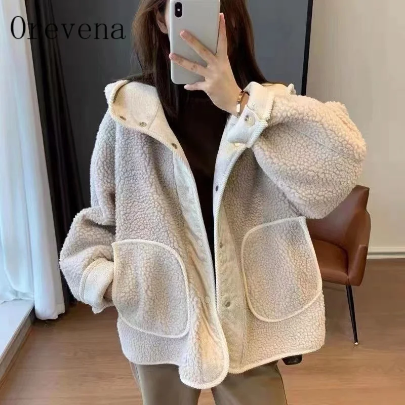 Winter Lamb Plush Thick Hooded New Women's Clothing Korean Version Loose Fit Button Trend Simplicity All-match Pocket Chic Coats