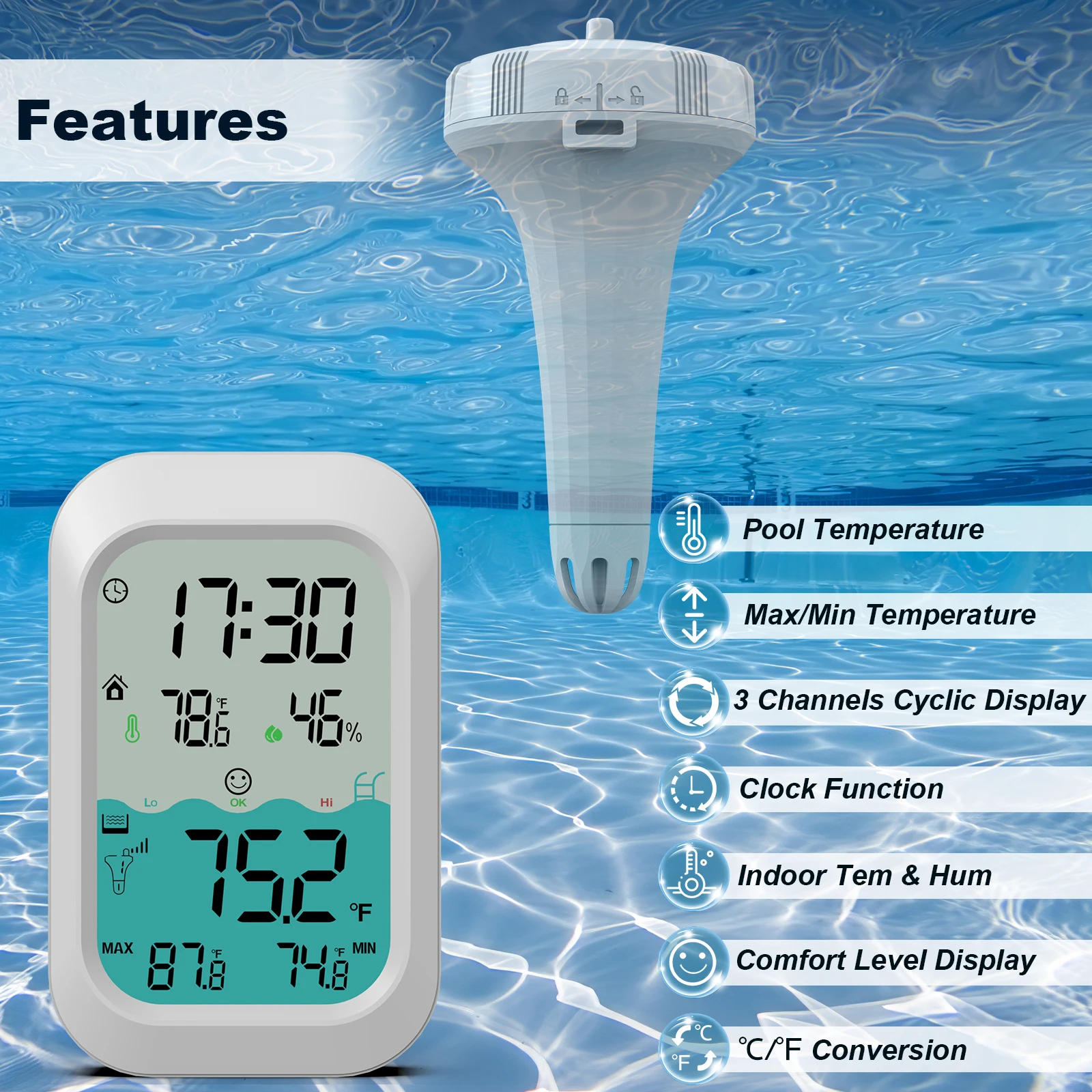 Wireless Floating Pool Thermometer Pet Bath for Swimming Pool, Bath Water, Spas, Aquariums & Fish Ponds