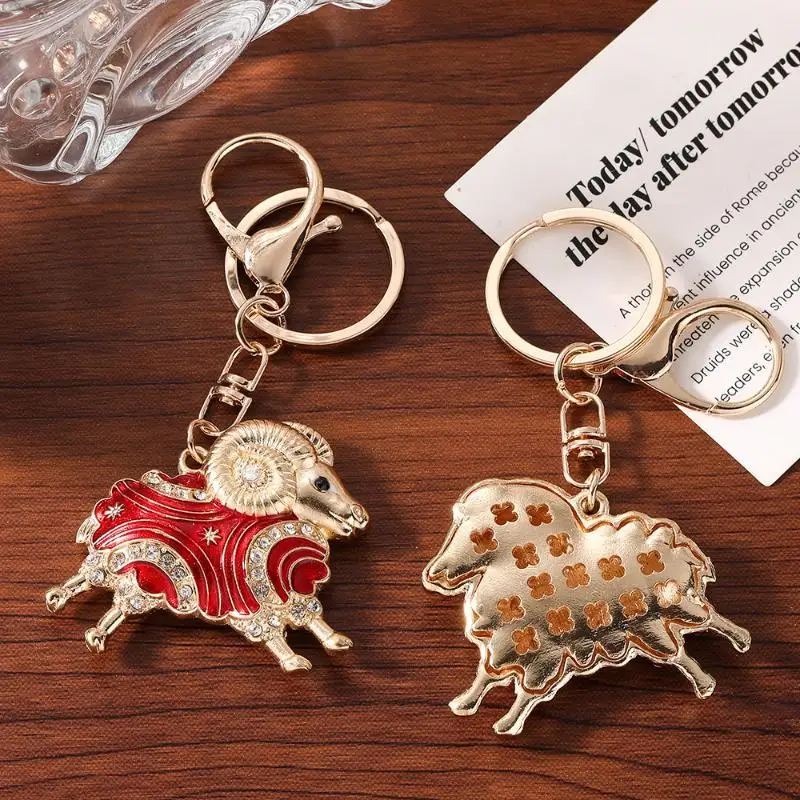 Sparkly Rhinestone Goat Keychain Red Animal Hanging Charm Anti-rust Pendant for Women Backpack Purse Decor