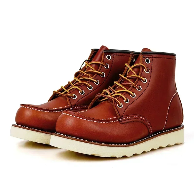 Goodyear-Welted Vintage Genuine Leather Ankle Motorcycle Boots Wings Square Top Men Casual Dress Work Red Boots Shoes Men Punk