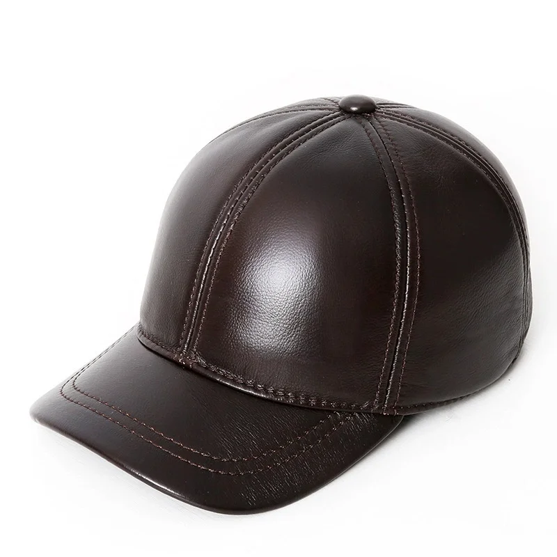 Men's and Women's Cowhide Baseball Cap Warm Ear Protection Cap Outdoor Leather Sun Hat Comfortable Sun Hat