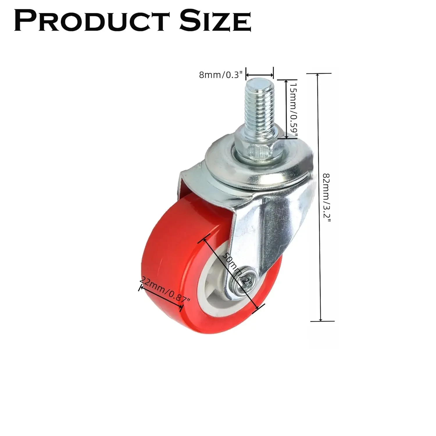 2 Inch Swivel Caster Wheels Set of 4,Casters Heavy Duty Total Capacity 200lbs, Metric M8-1.25×25mm Stem PU Castors with Brake