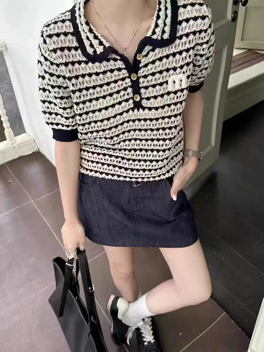 2025 verão listrado camisola de malha camisetas femininas bordadas manga curta vintage moda chique senhoras malhas topos jumpers