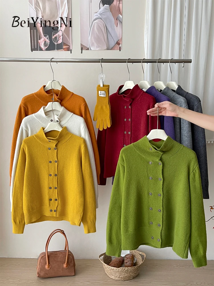 

Beiyingni Stylish Korean Sweater Women Minimalist Double Breasted Stand Collar Cardigans Female Retro Elegant Knitwear Sweaters
