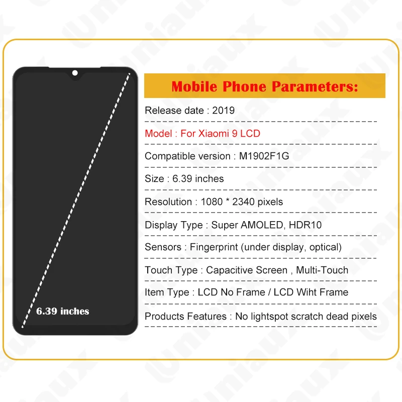 6.39\'\' Original AMOLED For Xiaomi Mi 9 M1902F1G LCD Display Touch Screen Digitizer Assembly For Xiaomi 9 LCD Screen Replacement