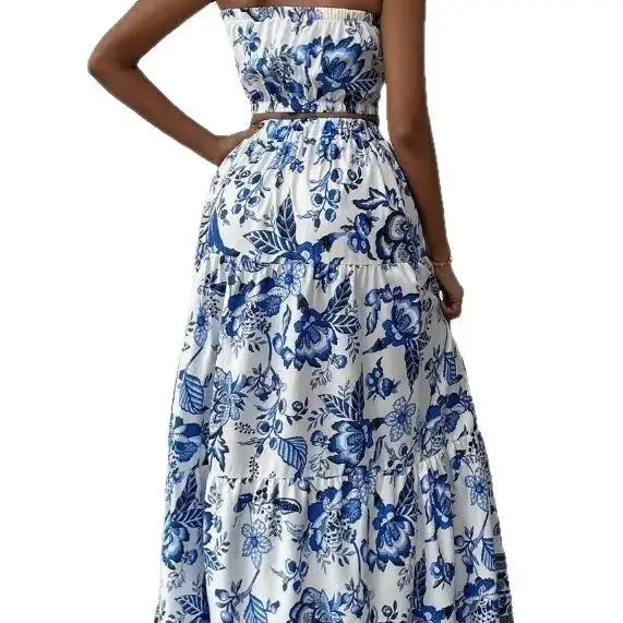 Bedrucktes langes Rock-Set für Damen, Sommer-Faion-Top, T-Shirt-Set, Svel-Pflanze, Blumenmuster, Arbeitskleidung in Erwachsenengröße