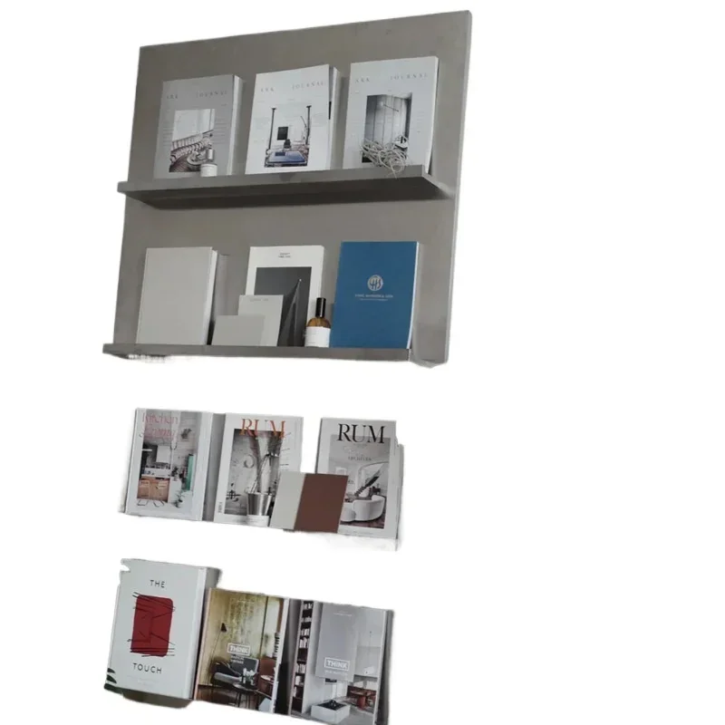 Stainless steel book and newspaper shelves, medieval magazine display shelves against the wall