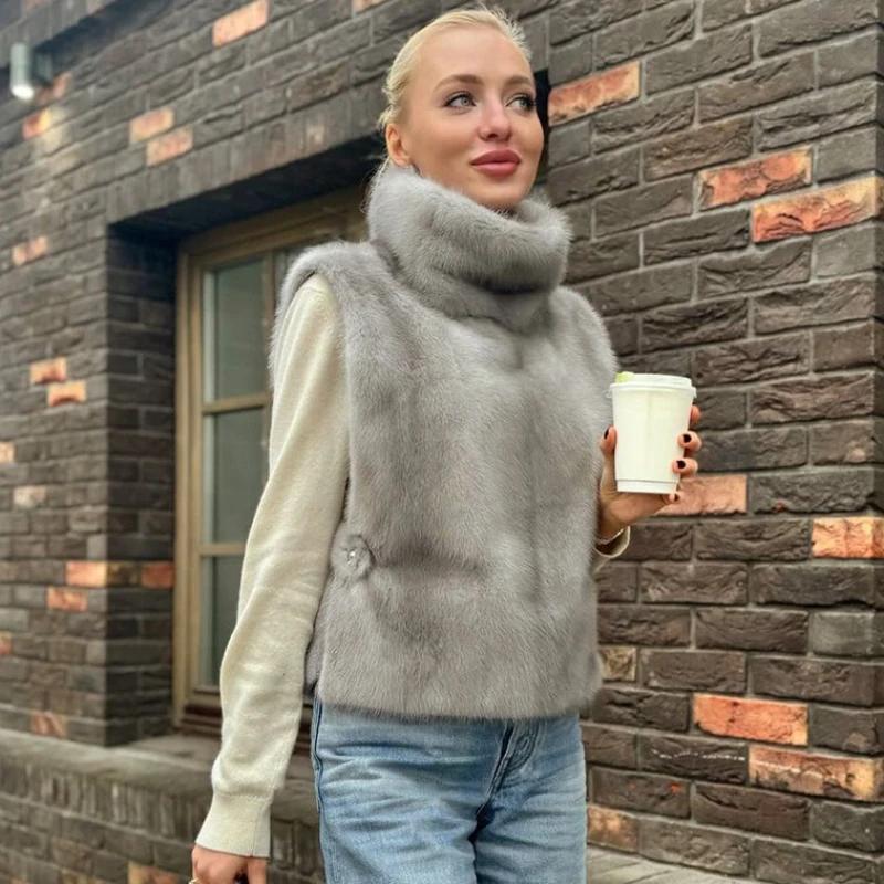 

TARUXY Turtleneck Faux Fur Sleeveless Vest Women's Solid Loose Button-Down Keep Warm Maomao Fashion Commuting Vest Autumn Winter