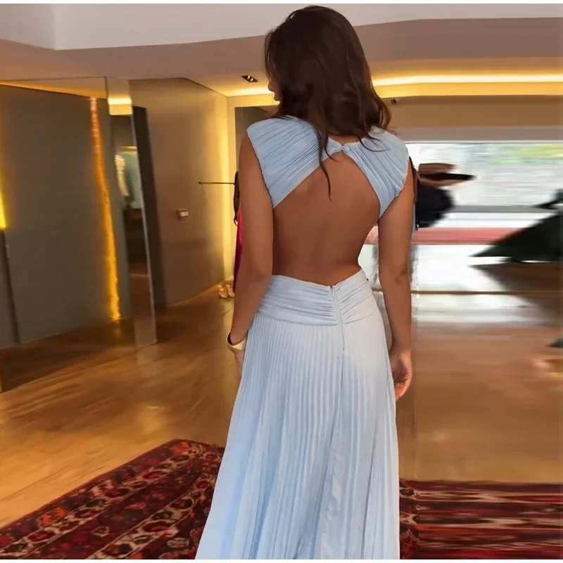 Elegantes 2026 Neues Rückenfreies Damenkleid mit Überkreuz-Taille Ärmelloses A-Linien-Kleid mit Raffungen Langes Abendkleid Formelles Partykleid – Detail 14