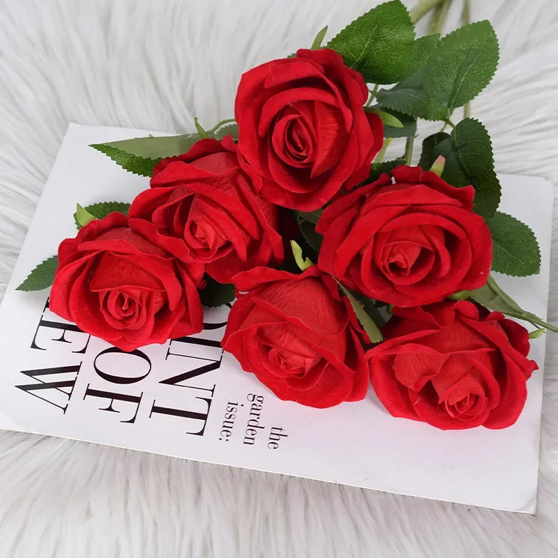 5pcs Artificial Roses Touch Flannel Rose Wedding Home Decoration Valentine's Day Simulation Flower Fake Flower Rose