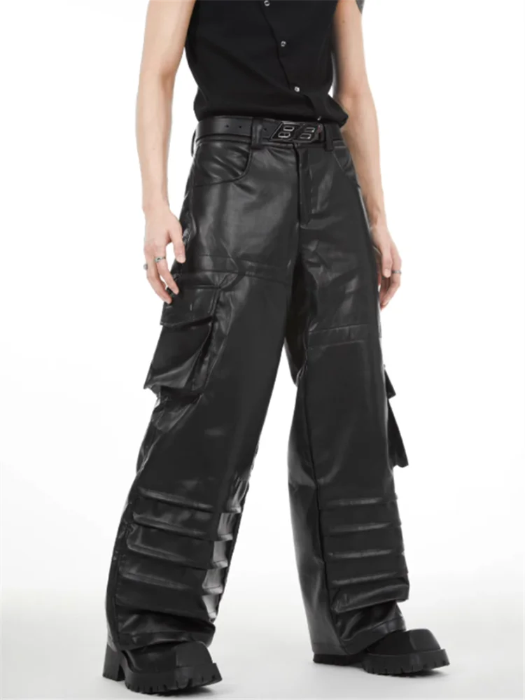 

2023 Niche deconstruction multi-level pleated design leather pants men loose retro senior straight leg wide pants